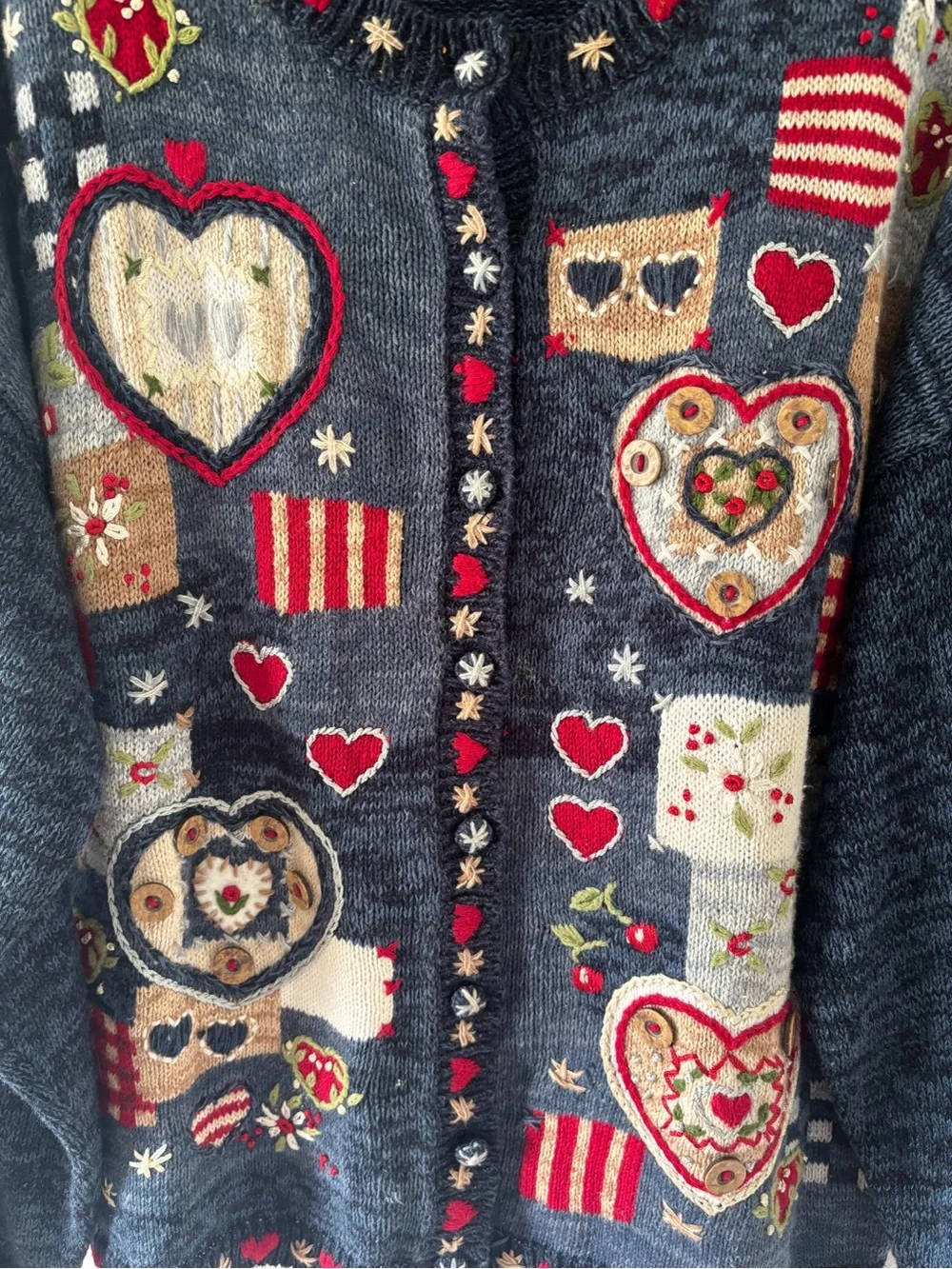 Vintage-Inspired Navy Heart Patchwork Cardigan Sweater